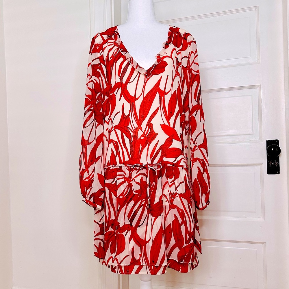 NWT Mango Suiting Red Floral V-Neck Sheer Long Sleeve Tunic Dress, Size 8 US